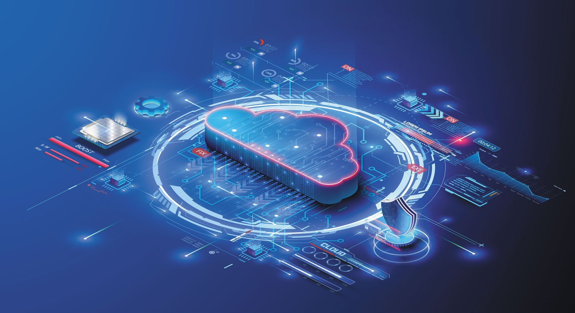 an isometric illustration of a cloud surrounded by digital icons on a blue background