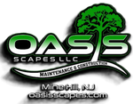 Oasis Scapes LLC logo in green and black with a tree icon, location Mine Hill, NJ, and website address.