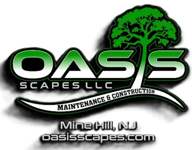 Oasis Scapes LLC logo in green and black with a tree icon, location Mine Hill, NJ, and website address.