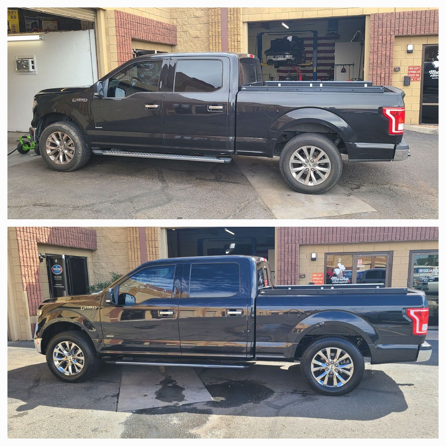 Before and after ceramic coating on black Ford F-150 in Gilbert AZ