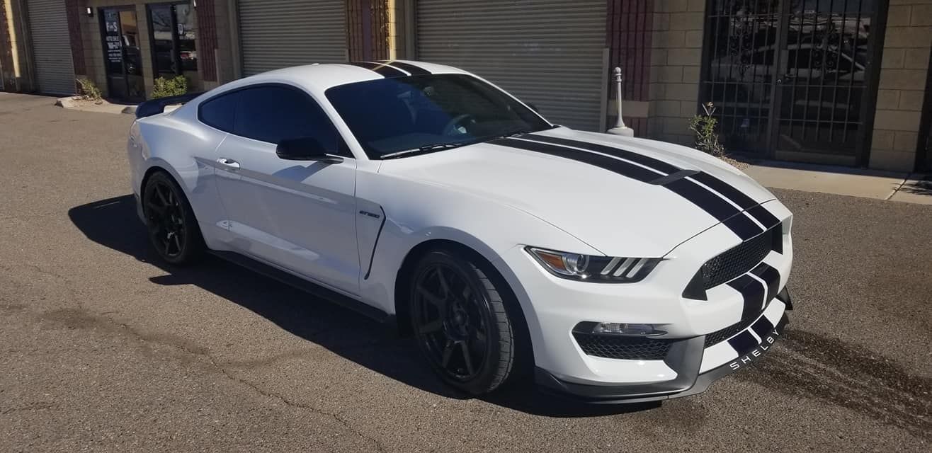 White Ford Mustang Shelby GT350 after ceramic coating service with glossy finish