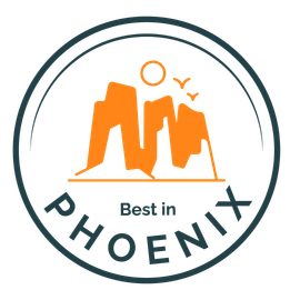 Circular logo with orange Phoenix skyline, sun and birds, and text “Best in Phoenix”