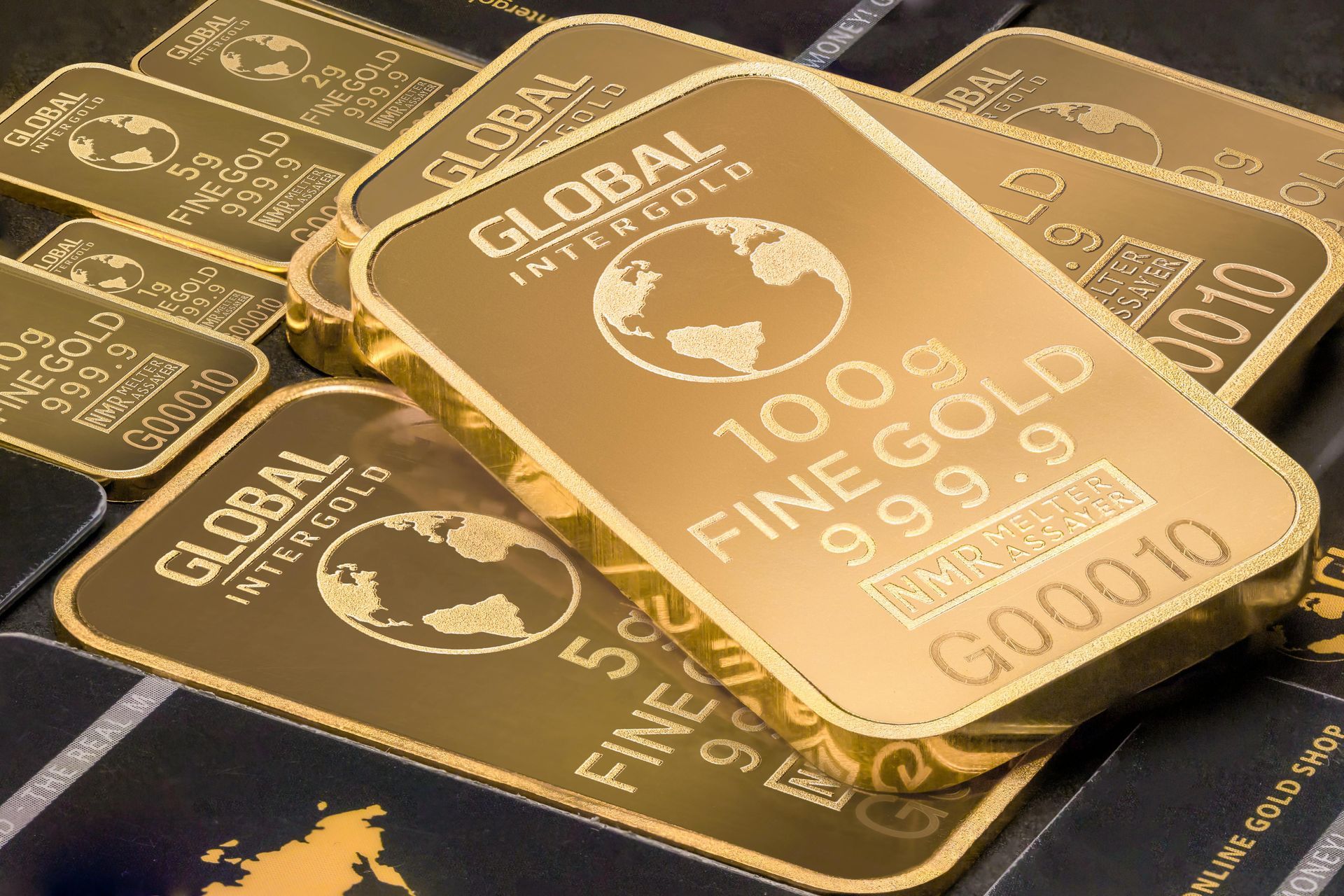 A stack of gold bars made by global international