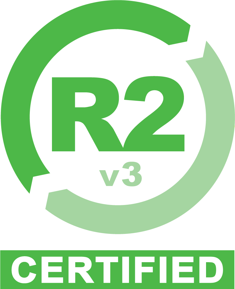 R2v3 certified logo with green circular arrows and “CERTIFIED” text