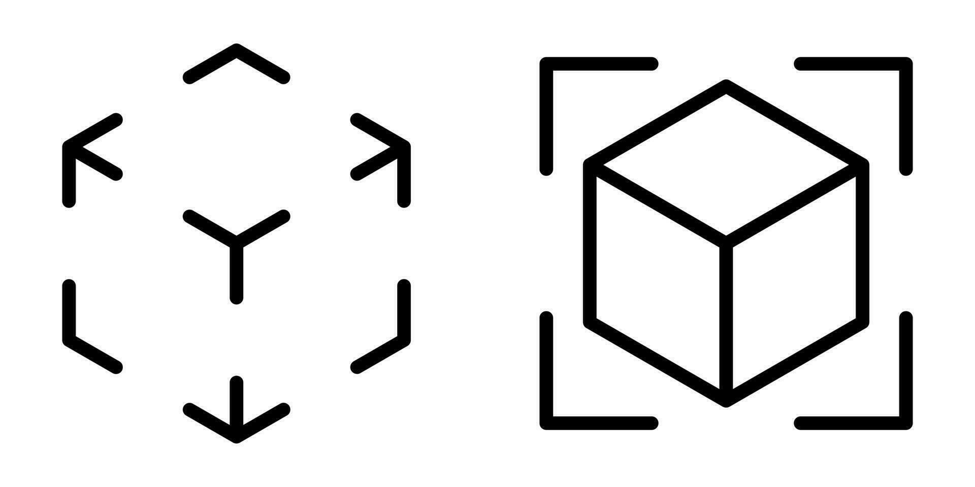 Two cube icons in black outline, one minimal and one framed by corner brackets.