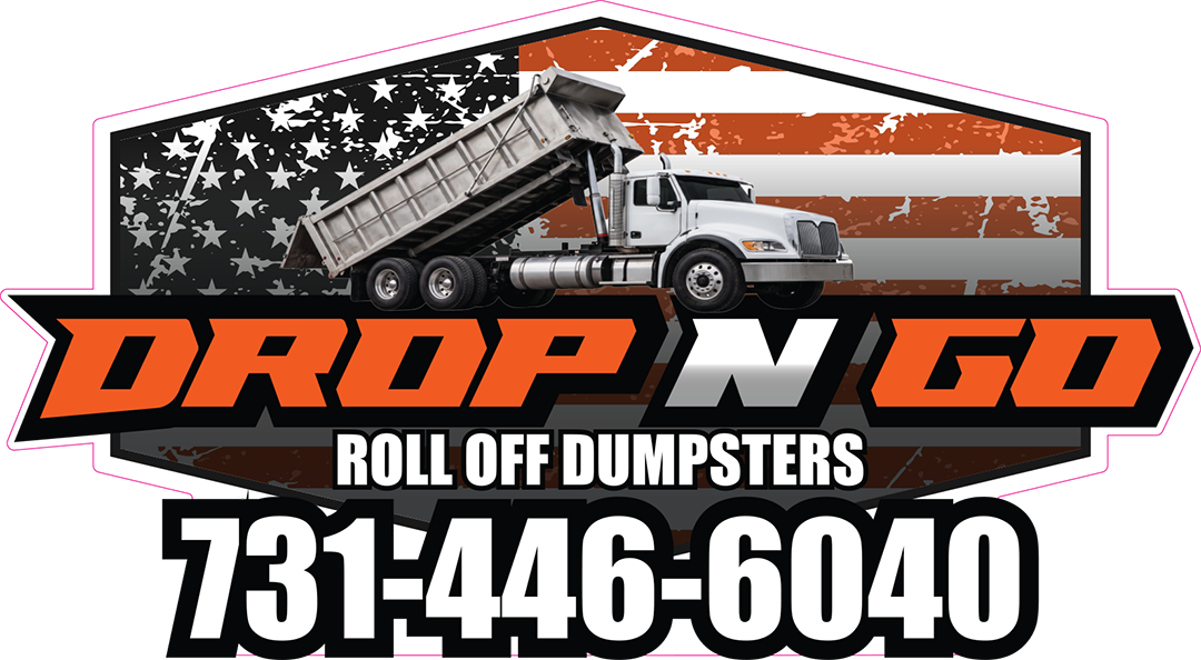 Drop N Go roll off dumpsters logo with American flag, dump truck, and phone number 731-446-6040