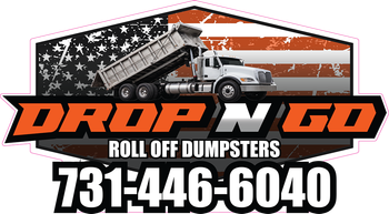 Drop N Go roll off dumpsters logo with American flag, dump truck, and phone number 731-446-6040