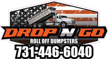 Drop N Go roll off dumpsters logo with American flag, dump truck, and phone number 731-446-6040