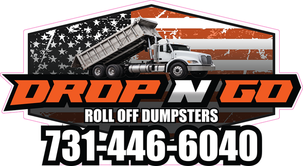 Drop N Go roll off dumpsters logo with American flag, dump truck, and phone number 731-446-6040