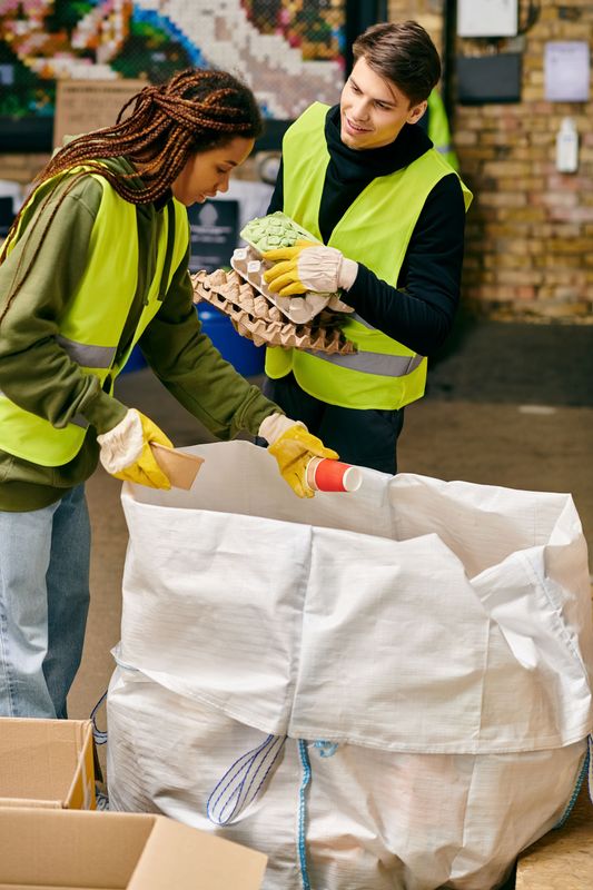 Two volunteers in yellow vests sort donations into large white bags outdoors