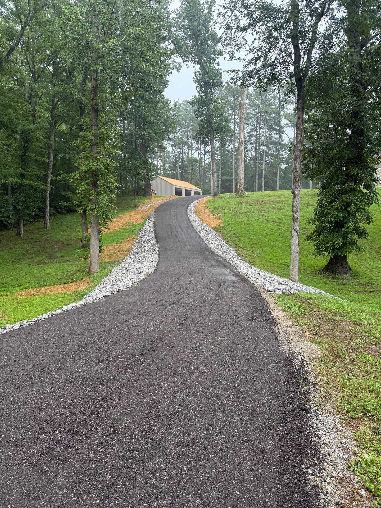 Curved gravel path through a wooded park with green grass and tall trees on a rainy day