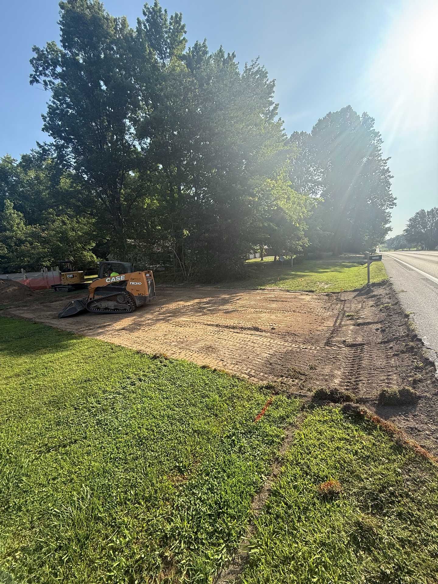 Sunny roadside with trees, grass, and a dirt patch beside a paved path