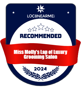 Blue and white 2024 recommended badge for Miss Molly’s Lap of Luxury Grooming Salon