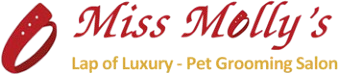 Miss Molly’s logo with red text and a red paw-print icon; “Lap of Luxury - Pet Grooming Salon” tagline below