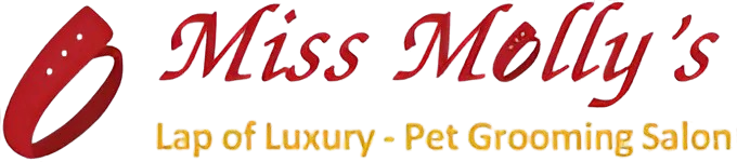 Miss Molly’s red logo with paw print and tagline: “Lap of Luxury - Pet Grooming Salon”