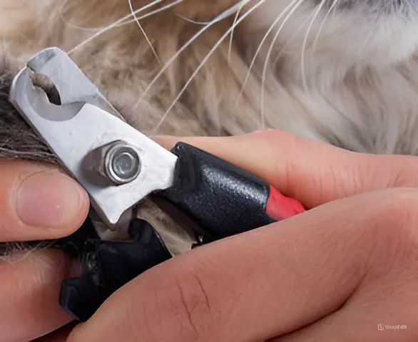 Close-up of cat claws being trimmed with black-and-red pet nail clippers