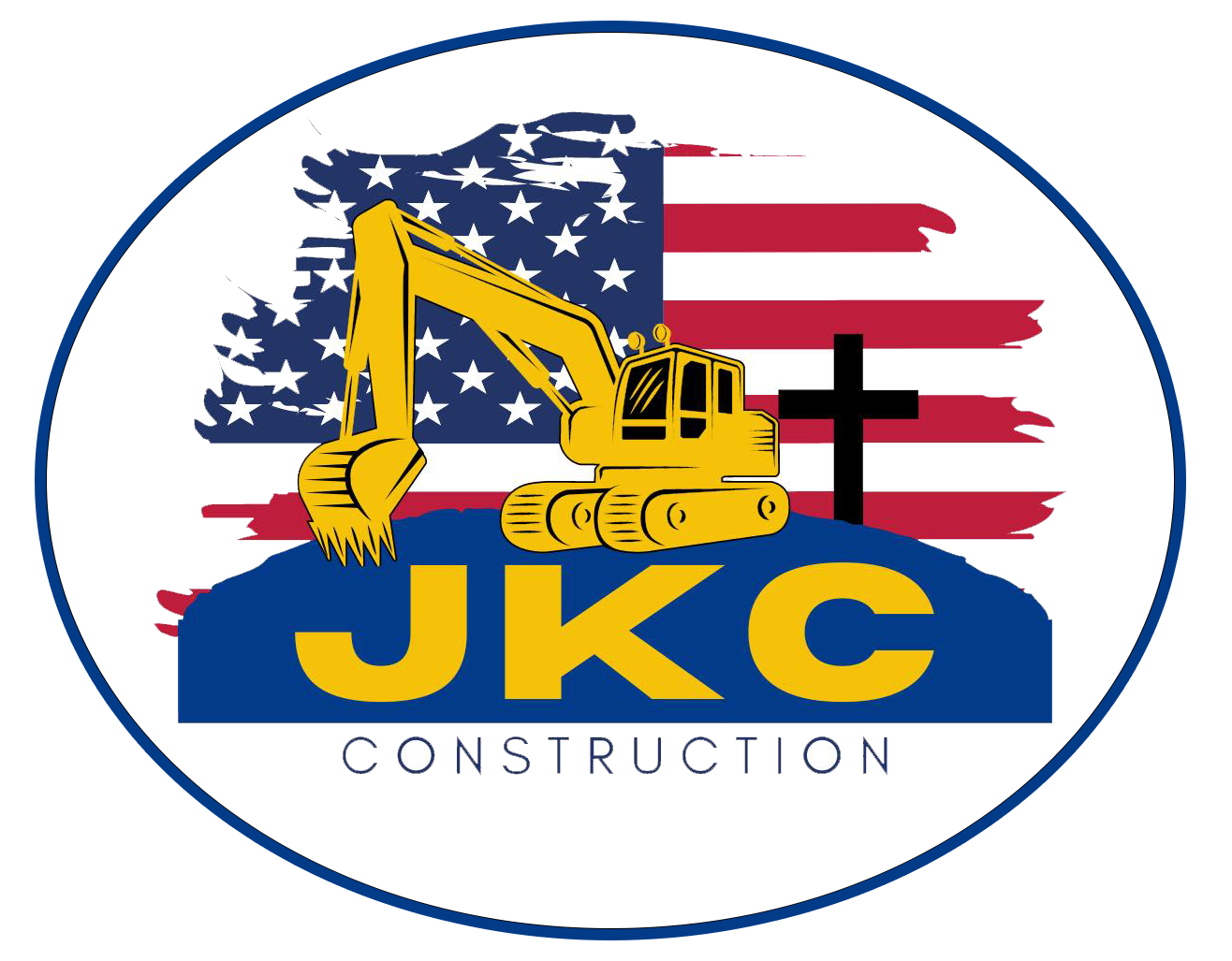Logo of JKC Construction with American flag, excavator, and cross.