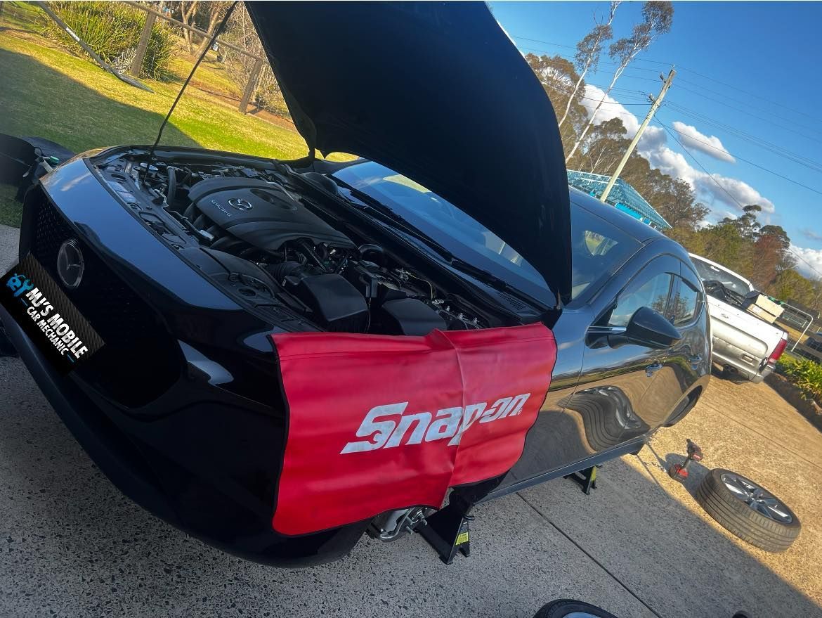 Mazda Performance Car With Open Hood — MJ's Mobile Car Mechanic In Wollongong, NSW