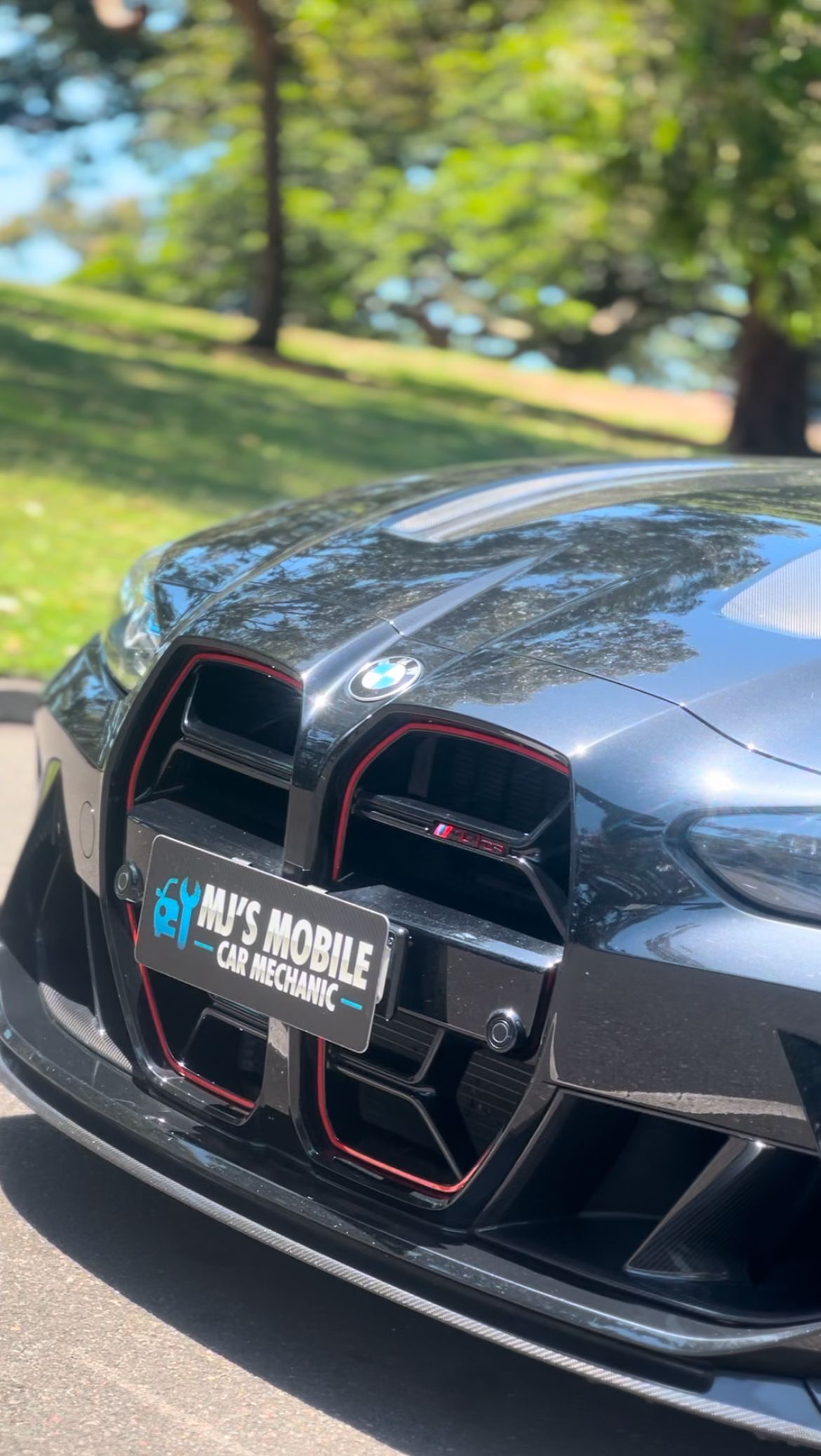 Black Bmw M4 With Red Accents, in Front of a Park  — MJ's Mobile Car Mechanic In Corrimal, NSW