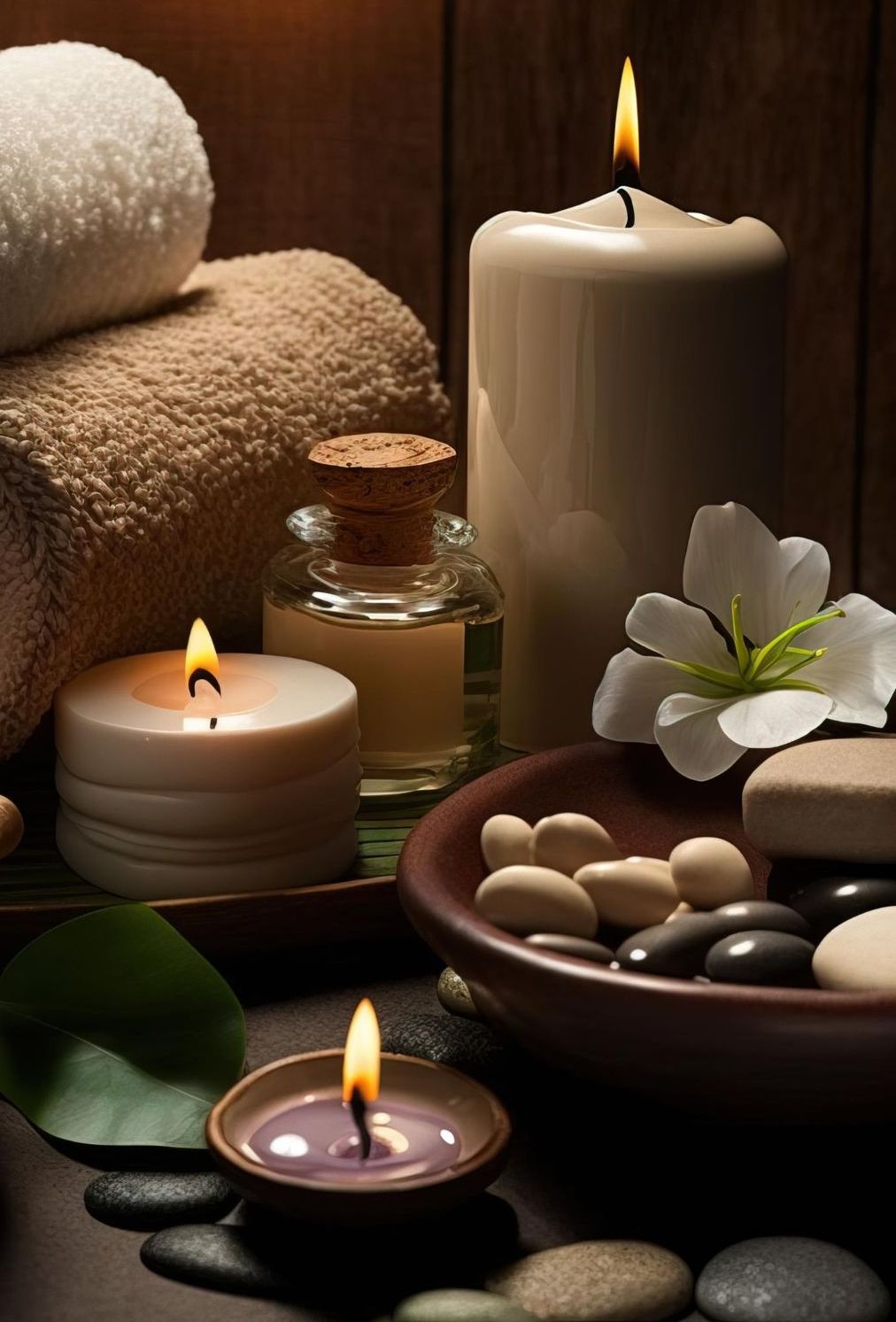 Un ambiente de spa con velas, toallas, flores y rocas.