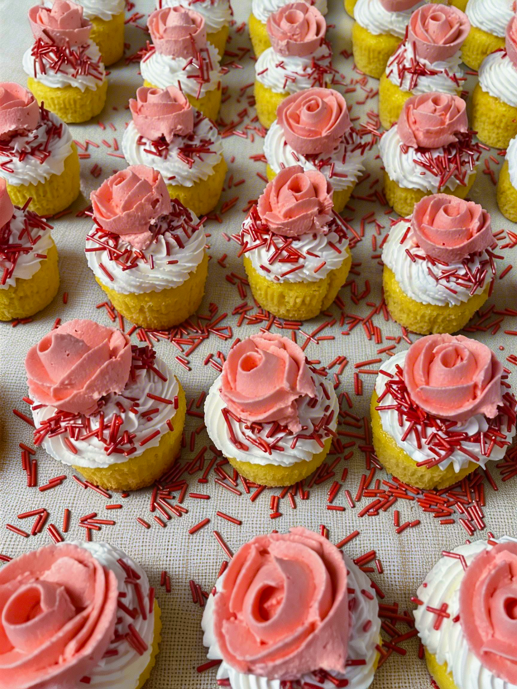 Rows of yellow cupcakes topped with pink frosting and red sprinkles on a white cloth