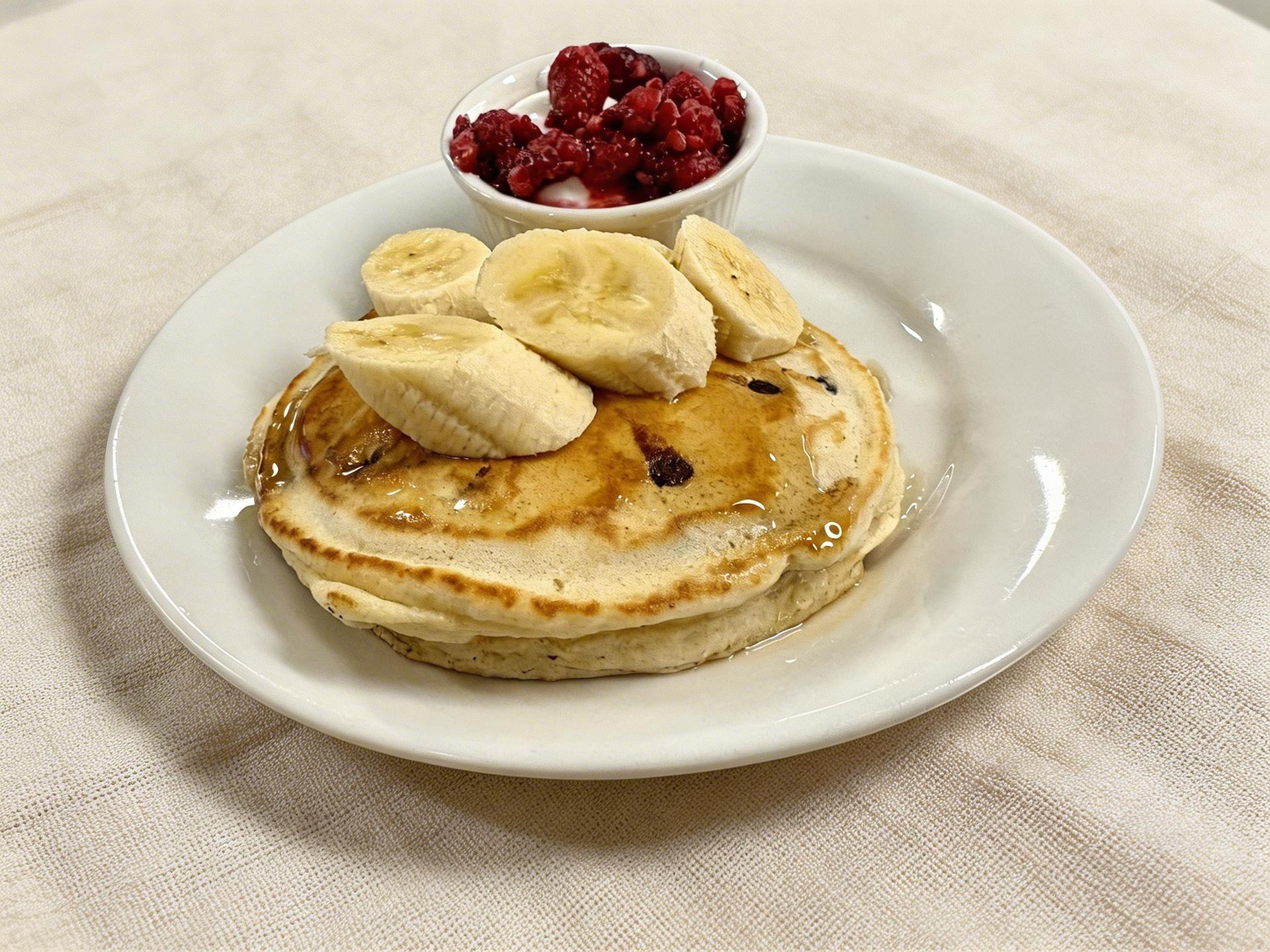 Pancakes topped with banana slices and served with a bowl of raspberries on a white plate.
