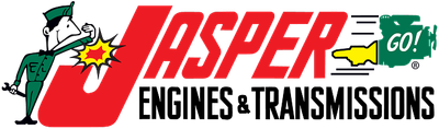 Logo for Jasper Engines & Transmissions. A mechanic punches the letter