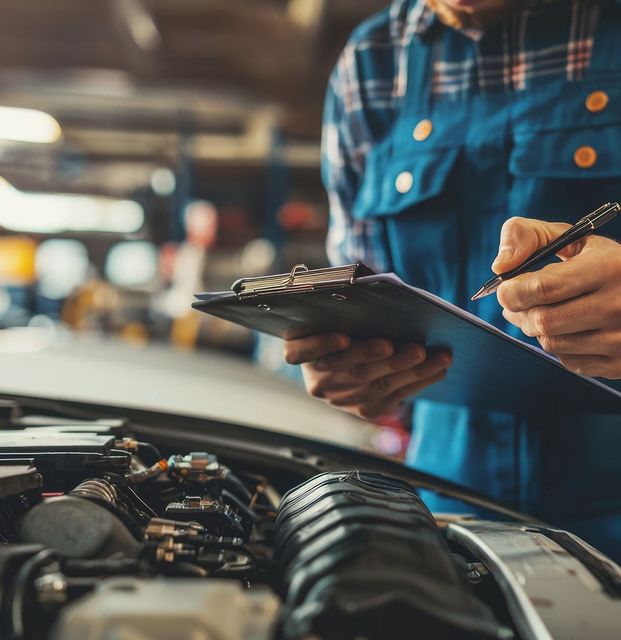 Mechanic in blue coveralls inspects car engine, writing on clipboard in a garage. | Spring Hill Automotive Center