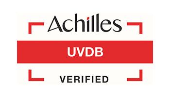 A red and white logo for achilles uvdb verified.