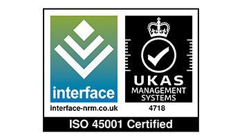 The logo for interface and ukas management systems is iso 45001 certified.