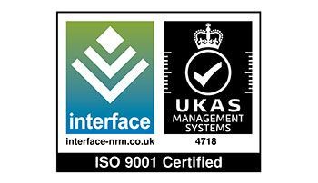 The logo for interface and ukas management systems is iso 9001 certified.