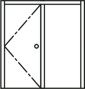 A black and white drawing of a double door with a handle.