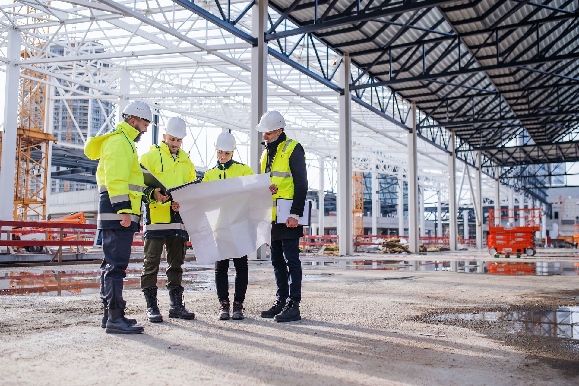 A group of construction workers are looking at a blueprint at a construction site.