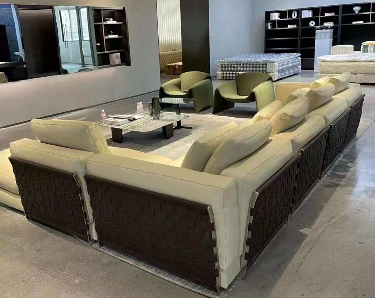 This beautiful leather sofa with fabrics