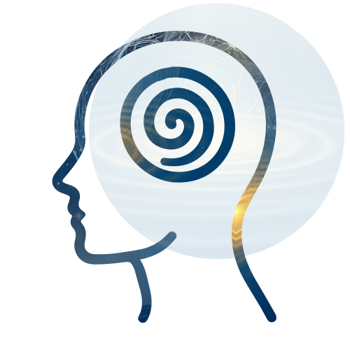 Silhouette head with spiral inside, filled with a cosmic, blue, and gold landscape.