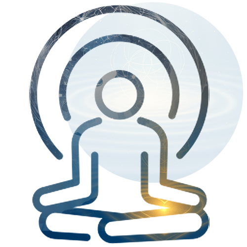 Meditating person icon with radiating energy rings.