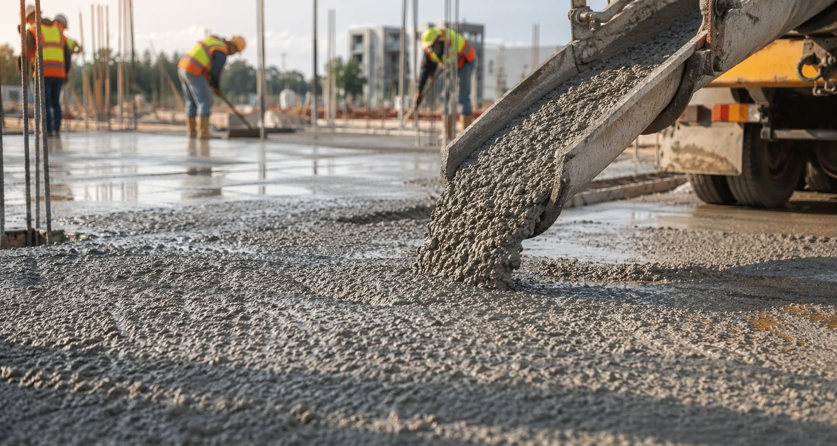 Custom Ready Mix Concrete in Addis Ababa is shown as wet concrete being poured onto a prepared slab at a worksite.