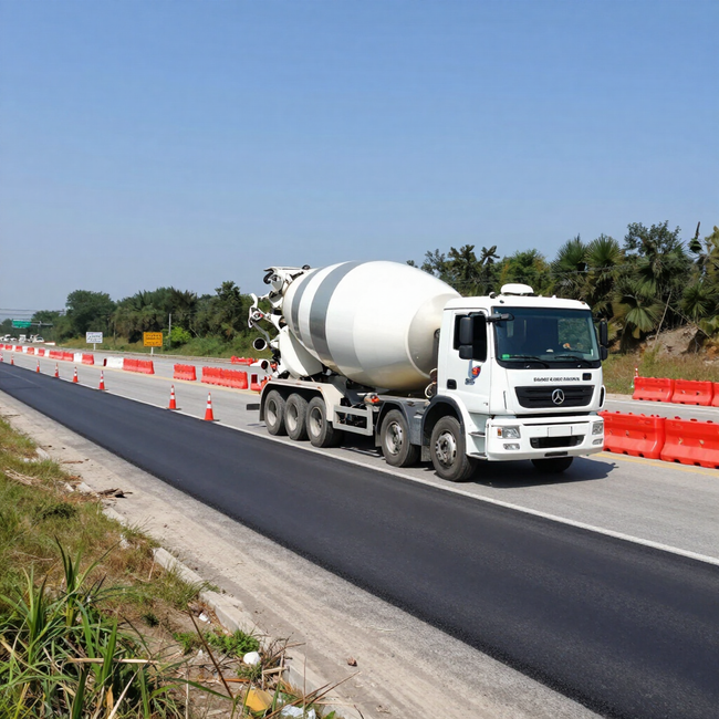 Ready Mix Concrete in Addis Ababa is delivered by mixer truck along a roadwork zone with safety barriers near.