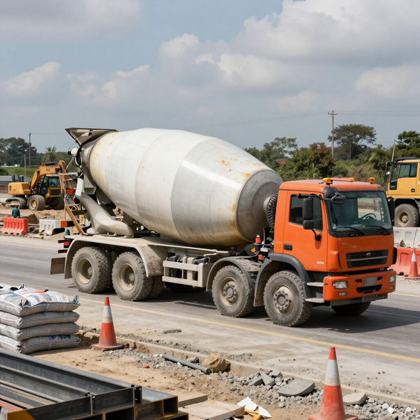 Ready Mix Concrete in Addis Ababa flows from a mixer truck onto a prepared construction site through a concrete chute.
