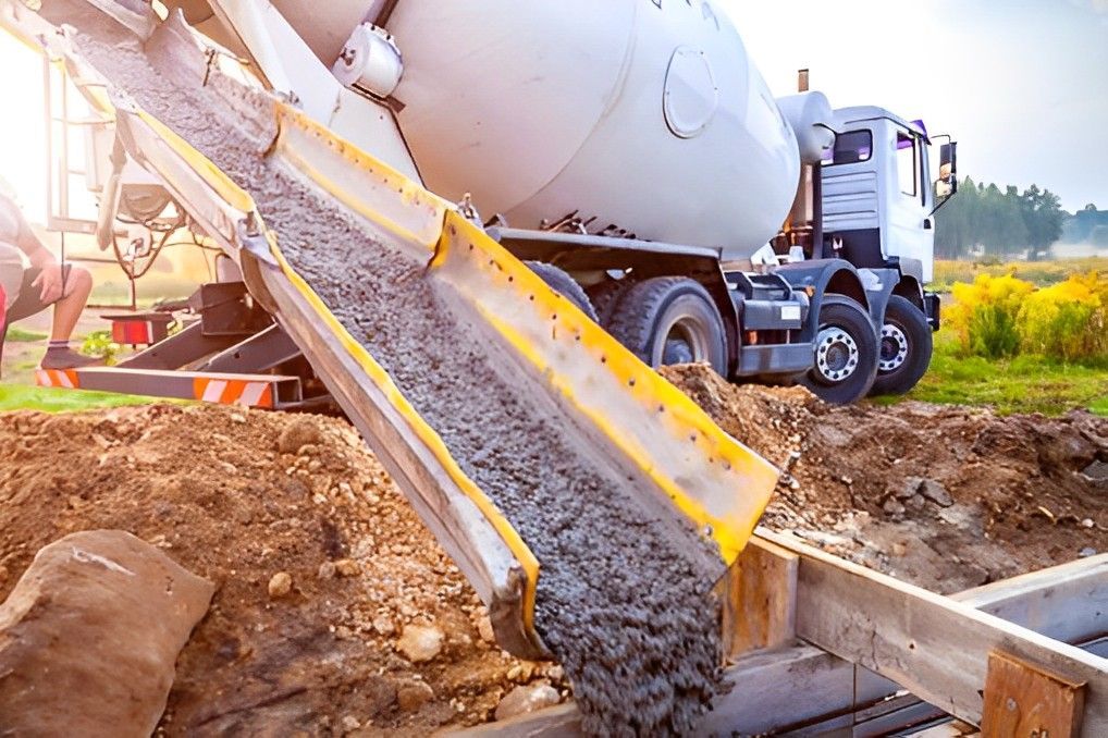 Ready Mix Concrete in Addis Ababa flows from a mixer truck onto a prepared construction site through a concrete chute.