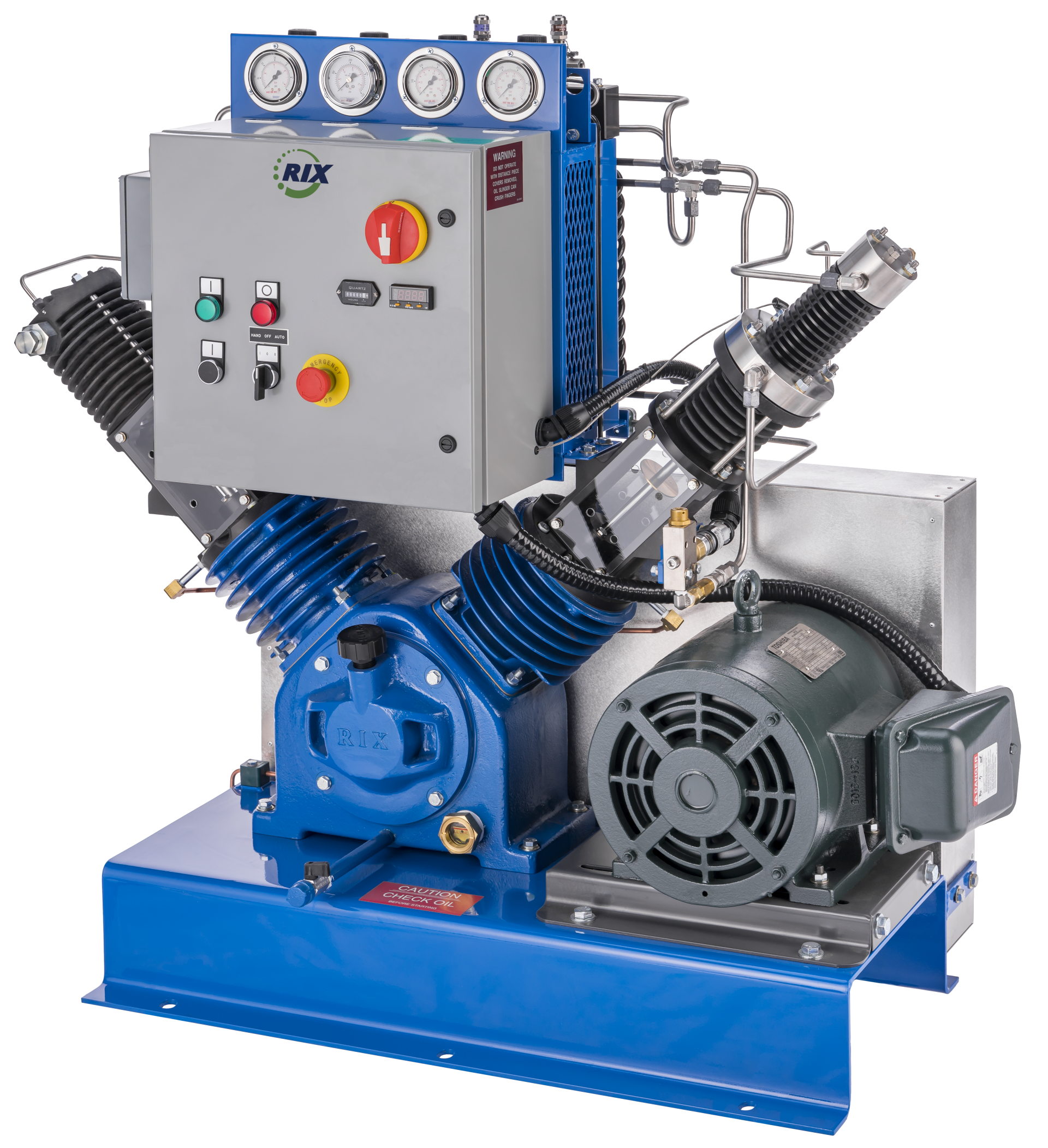 A blue compressor with a motor and a control panel