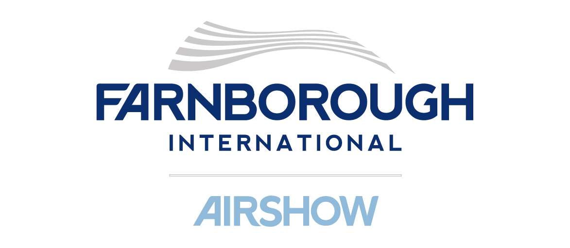 Farnborough International Airshow logo: dark blue and light blue text with a stylized airplane wing graphic.