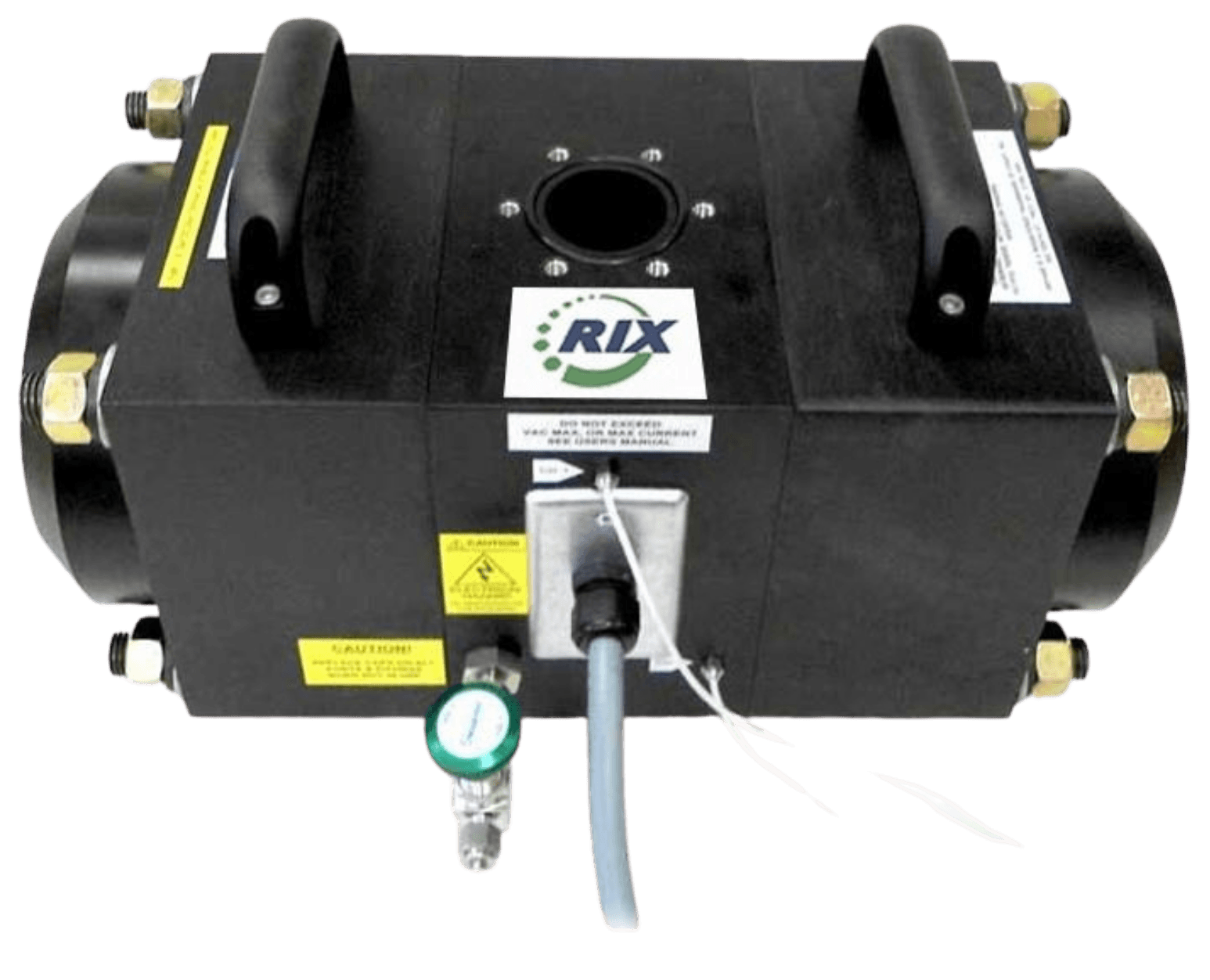 A black device with the word rix on it