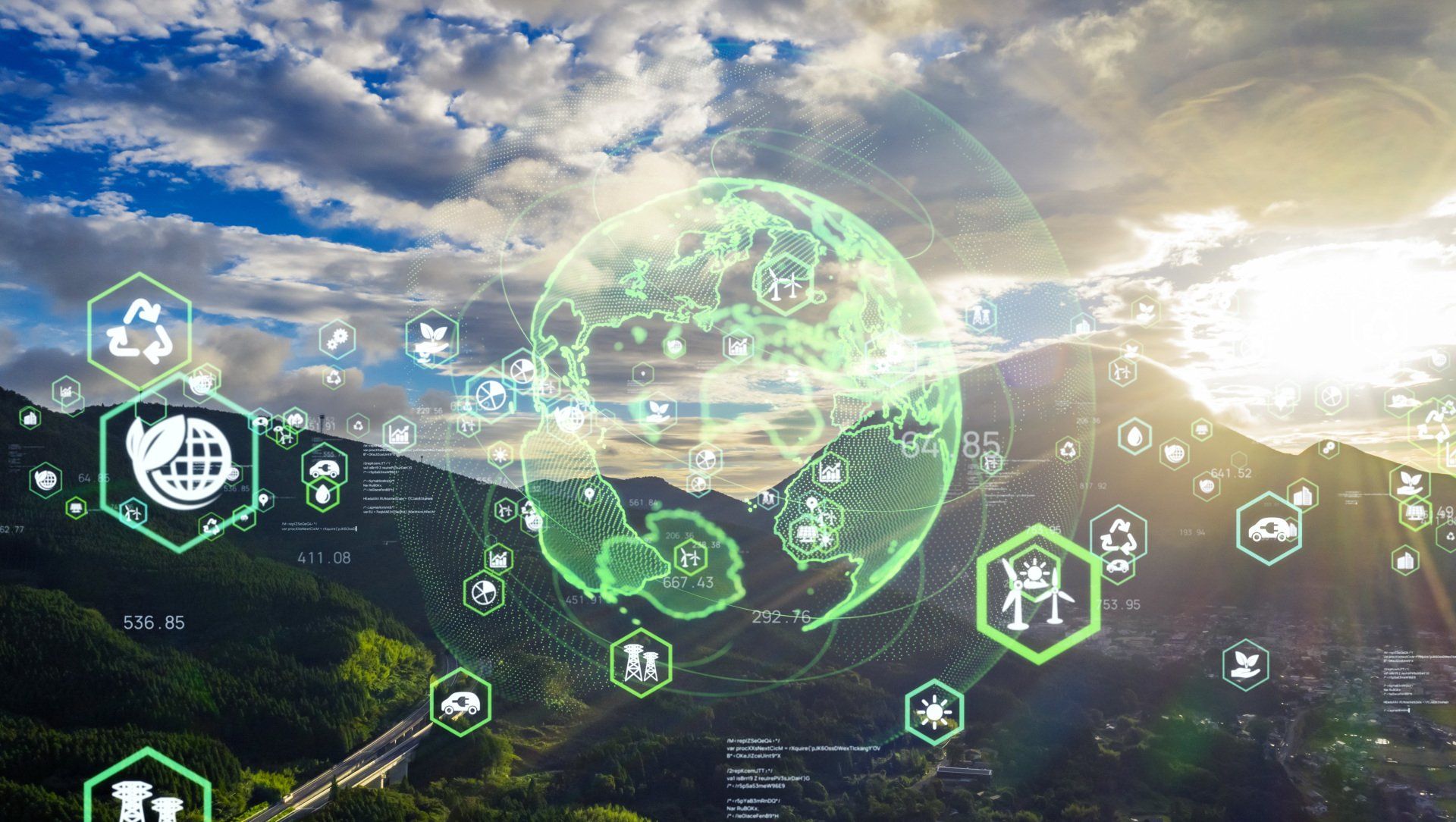 Glowing green digital globe over a sunny cityscape with floating eco icons and network symbols