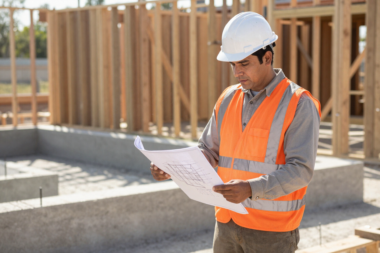 Javier Luna reviewing structural drawings on a San Antonio job site