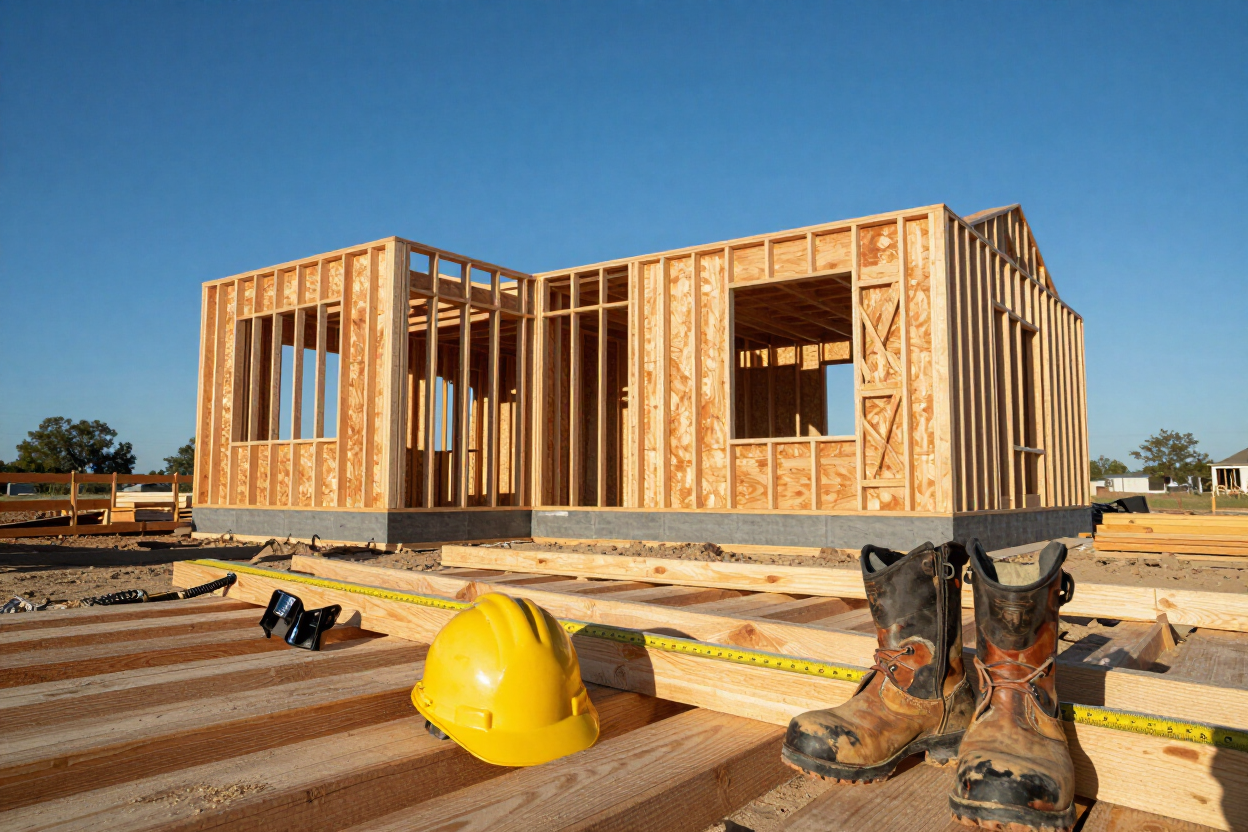 Structural framing crew working on a residential build in New Braunfels, TX with Texas sky in background