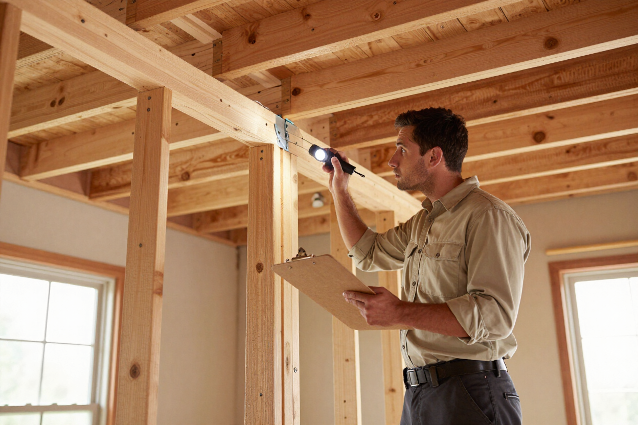Structural inspector reviewing beam connections and framing during an inspection in a San Antonio home