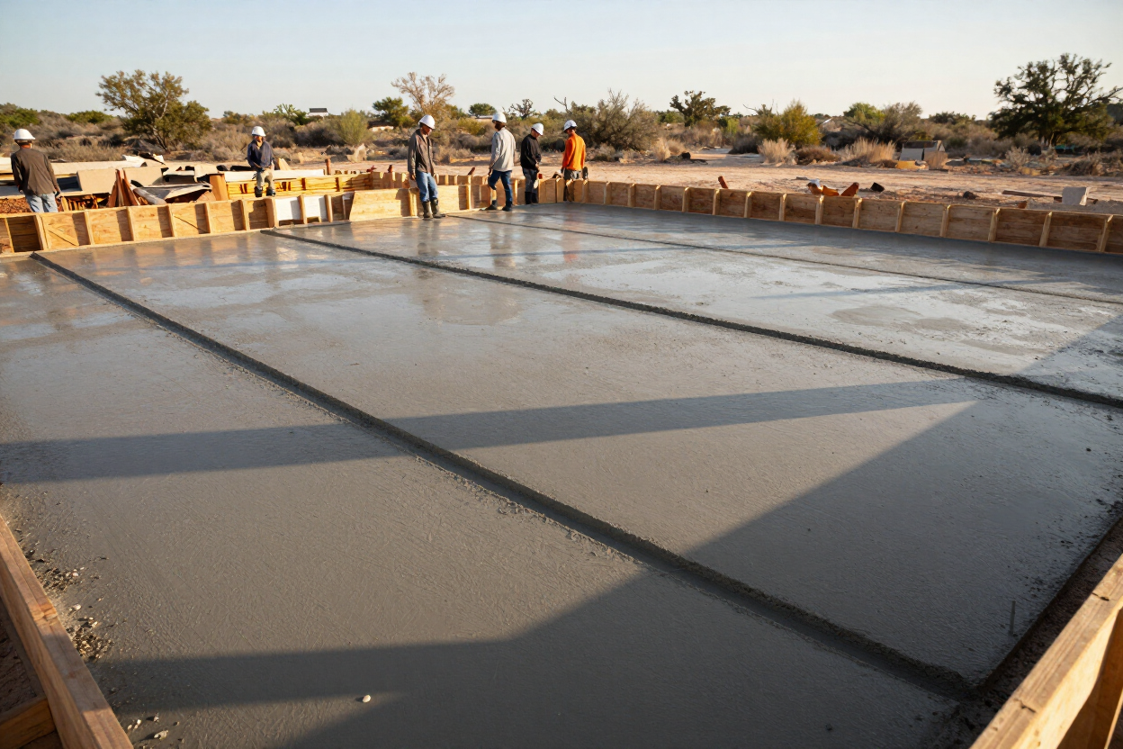 Concrete foundation pour at a new residential construction site in San Antonio, Texas