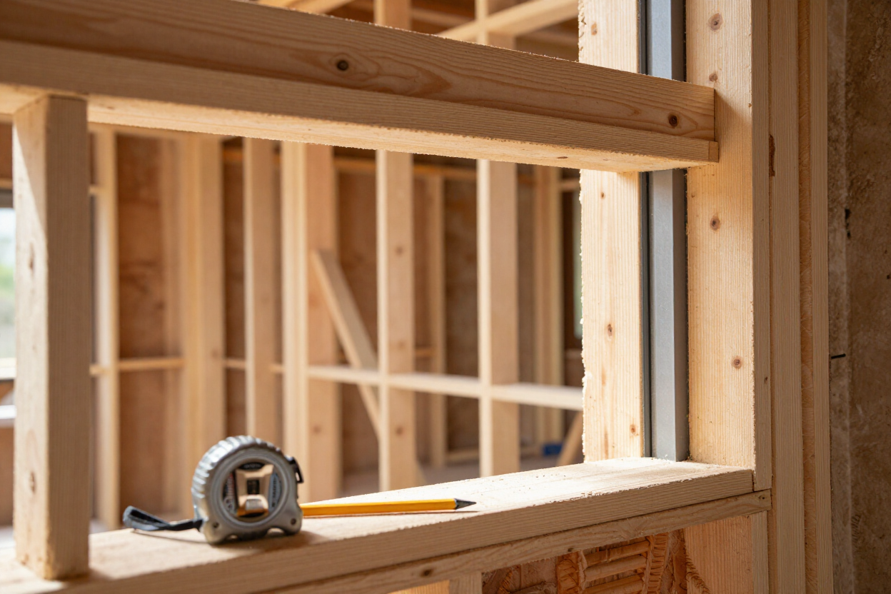 Structural engineer examining window framing and header above a rough opening on a San Antonio home renovation