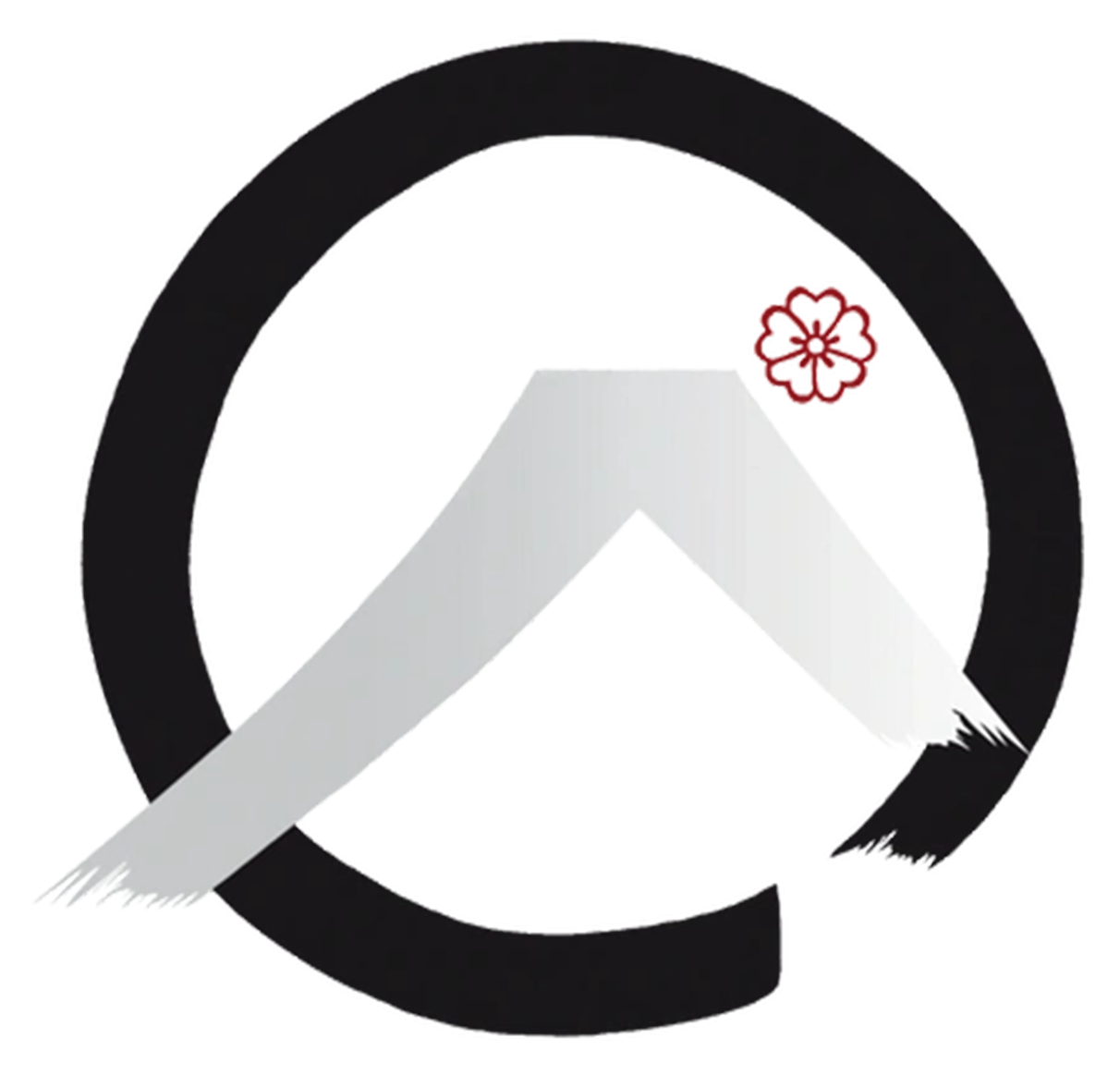 Zwart-wit logo: Een cirkel omringt een gestileerd daksilhouet met penseelstreekeffect en een klein rood bloempje.